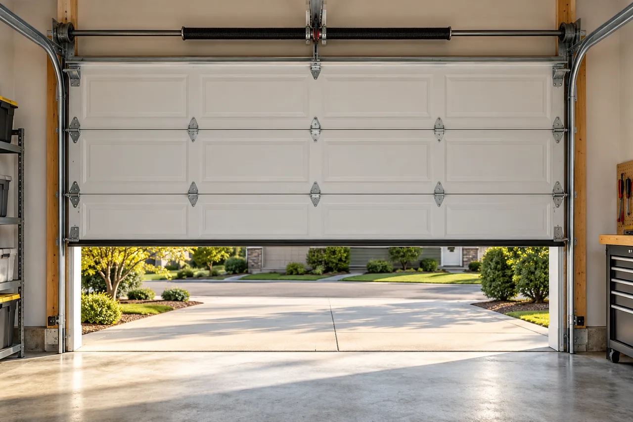 Illustrative residential garage door and tracks